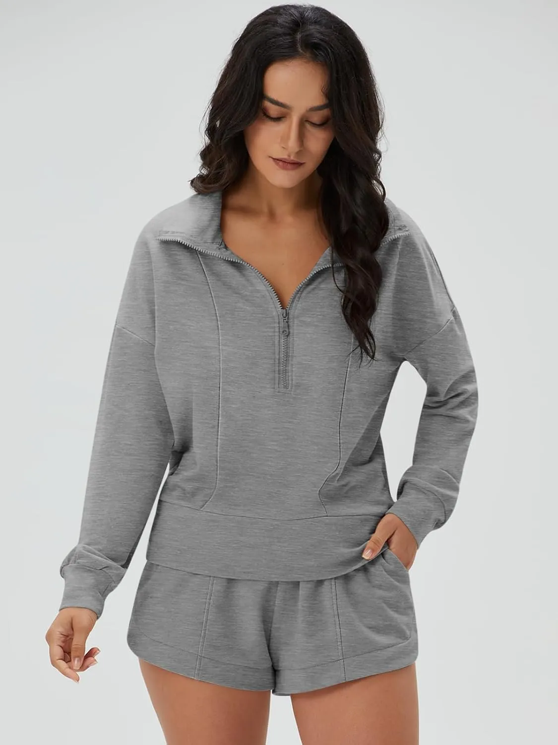 DEEP SELF Women 2 Piece Outfits Sweatshirt Quarter Zip V Neck Long Sleeve Pullover Top Shorts Pajamas Tracksuit Sets