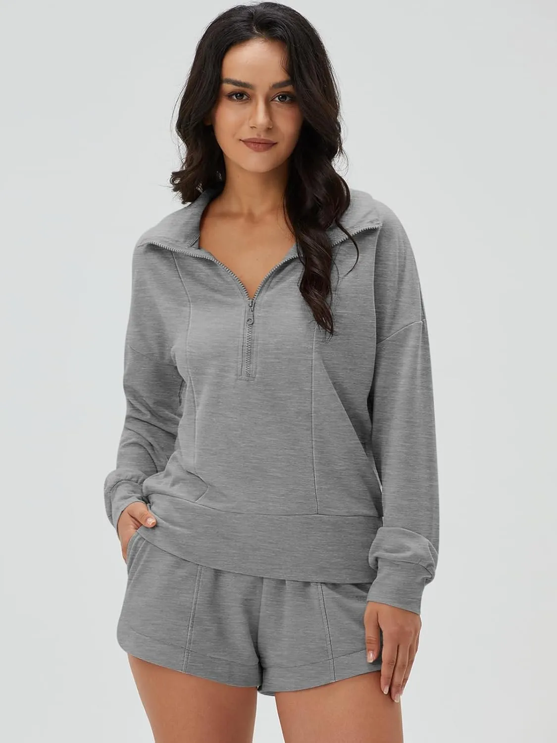 DEEP SELF Women 2 Piece Outfits Sweatshirt Quarter Zip V Neck Long Sleeve Pullover Top Shorts Pajamas Tracksuit Sets