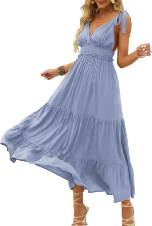 DEEP SELF Women's Summer V Neck Tie Strap Maxi Dress Halter Ruffle Hem Long Dresses Spaghetti Strap Long Flowy Dresses