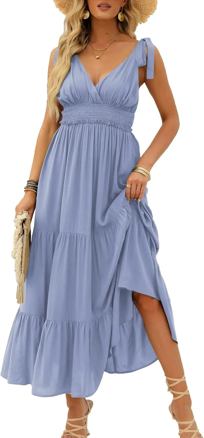 DEEP SELF Women's Summer V Neck Tie Strap Maxi Dress Halter Ruffle Hem Long Dresses Spaghetti Strap Long Flowy Dresses