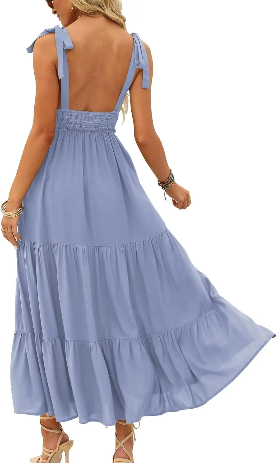 DEEP SELF Women's Summer V Neck Tie Strap Maxi Dress Halter Ruffle Hem Long Dresses Spaghetti Strap Long Flowy Dresses
