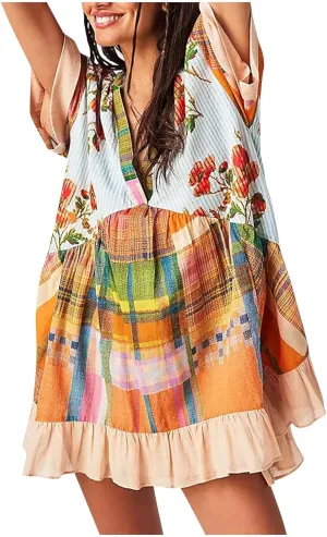 Dresses for Women 2024 Summer Boho Dress Floral Casual Sundresses Sexy V Neck Babydoll Dresses Dress