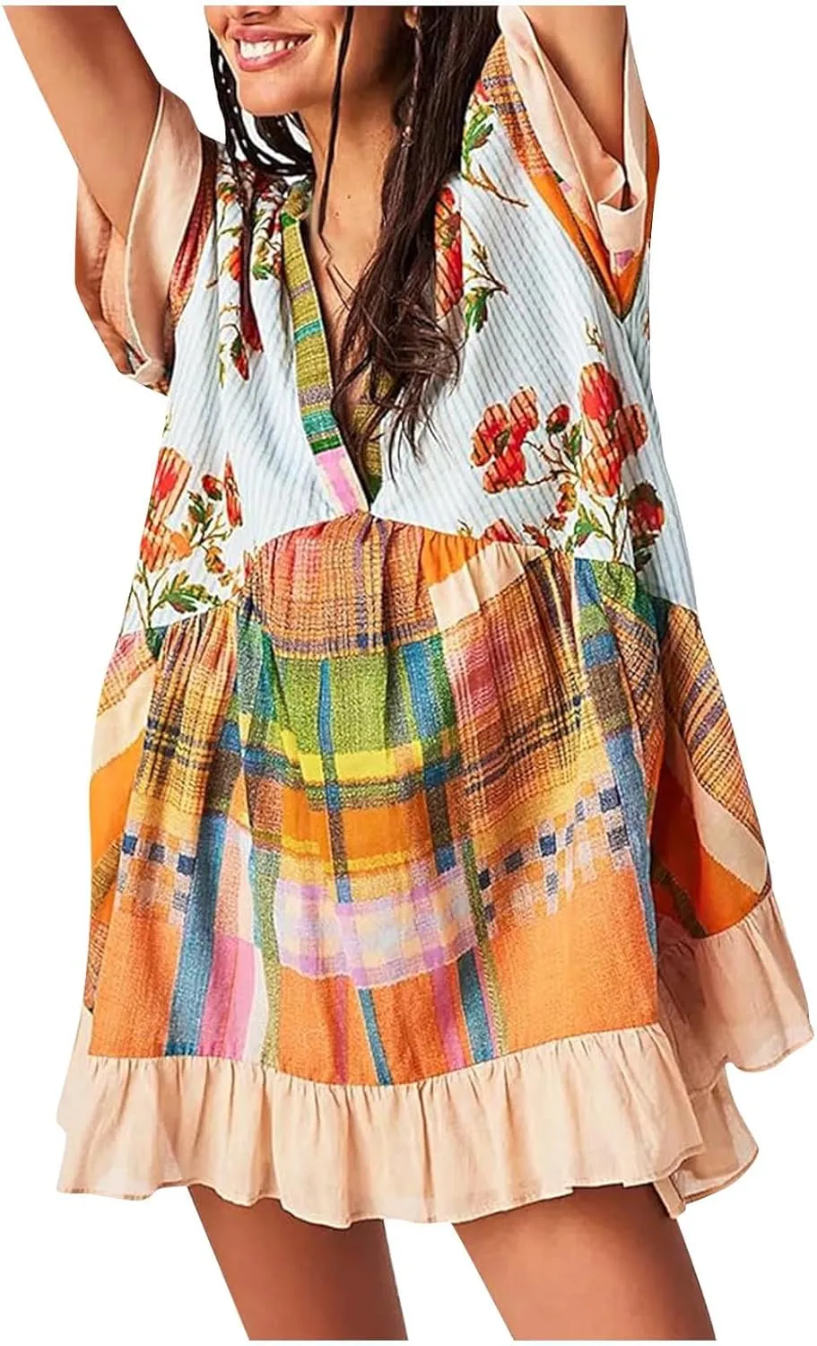 Dresses for Women 2024 Summer Boho Dress Floral Casual Sundresses Sexy V Neck Babydoll Dresses Dress