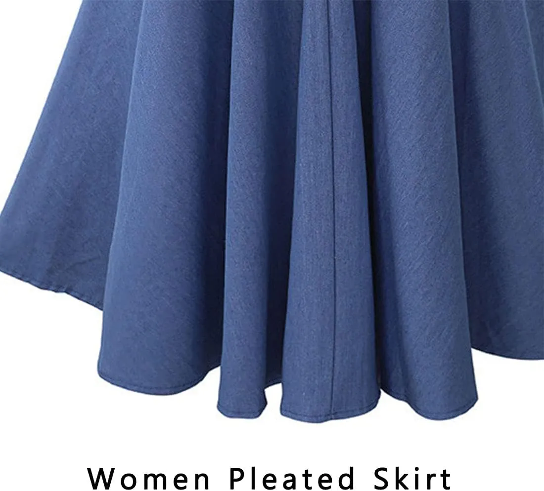 ebossy Womens High Waisted Pleated Plain Flowy Swing Flared Denim Midi Skirt with Belt