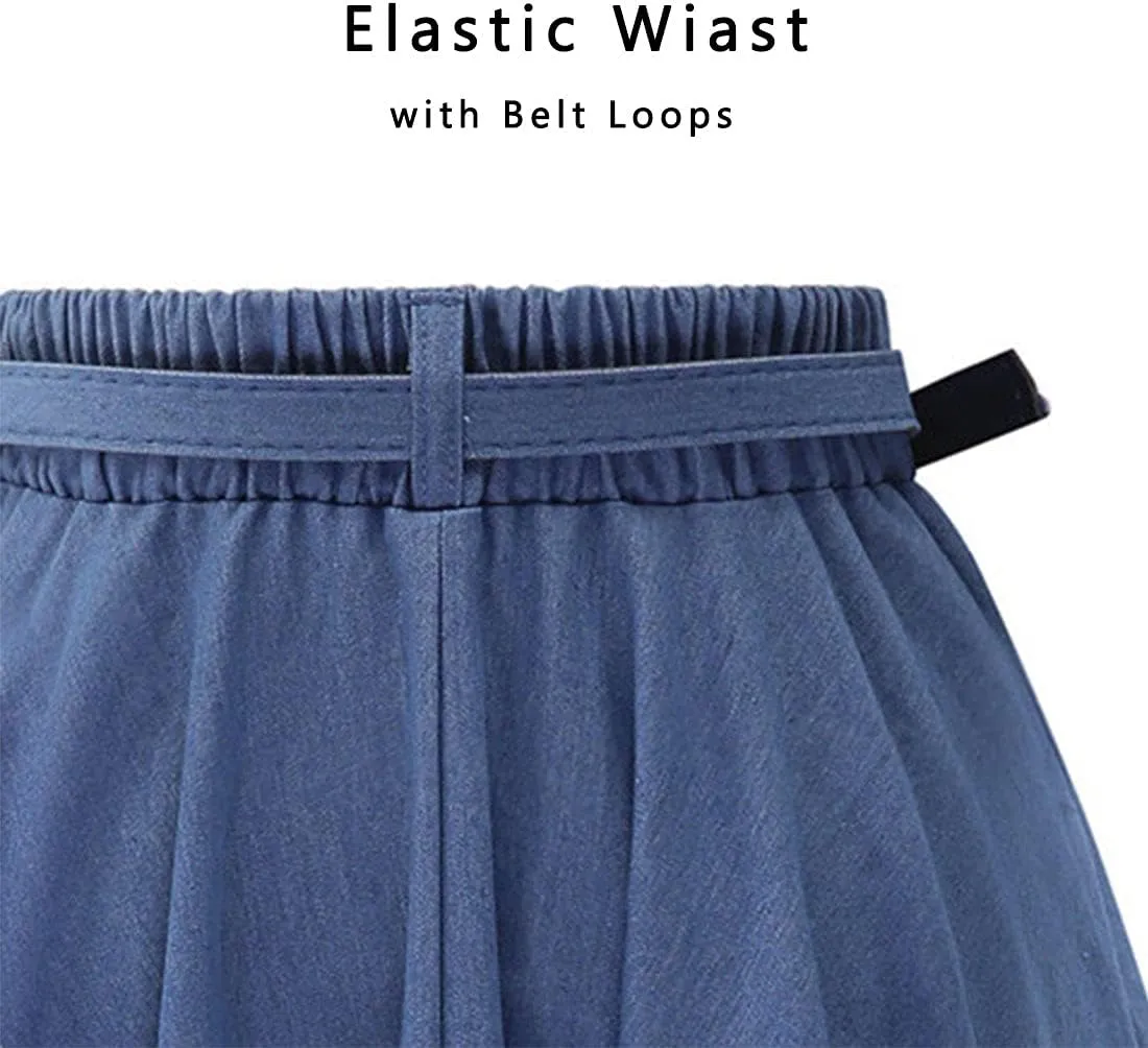 ebossy Womens High Waisted Pleated Plain Flowy Swing Flared Denim Midi Skirt with Belt
