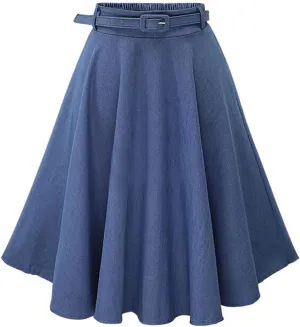 ebossy Womens High Waisted Pleated Plain Flowy Swing Flared Denim Midi Skirt with Belt