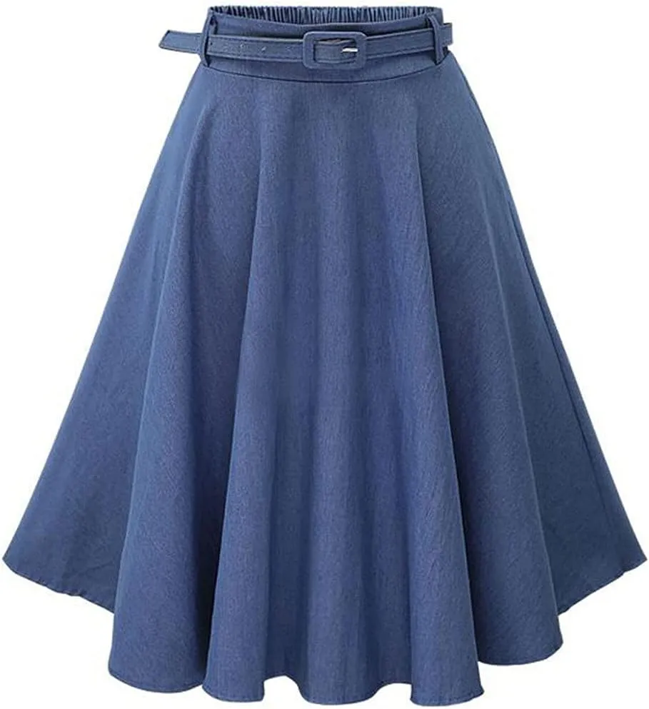 ebossy Womens High Waisted Pleated Plain Flowy Swing Flared Denim Midi Skirt with Belt