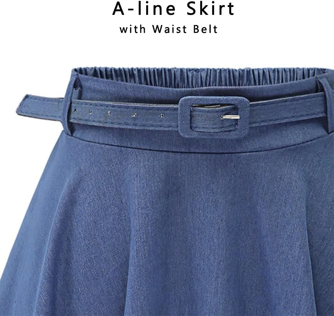 ebossy Womens High Waisted Pleated Plain Flowy Swing Flared Denim Midi Skirt with Belt