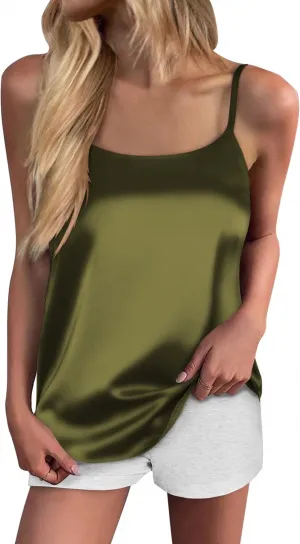 Ekouaer Silk Camisole Tops for Women Spaghetti Strap Tank Top Satin Cami Tops Crew Neck Silky Camis Basic Blose Shirts-XXL