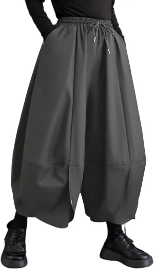 ellazhu Women's Puffy Drawstring Elastic Waist Drop Crotch Hakama Harem Wide Leg Pants GZ81 A