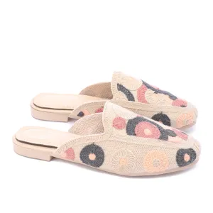 Embroidered Slip-On Mules-Beige