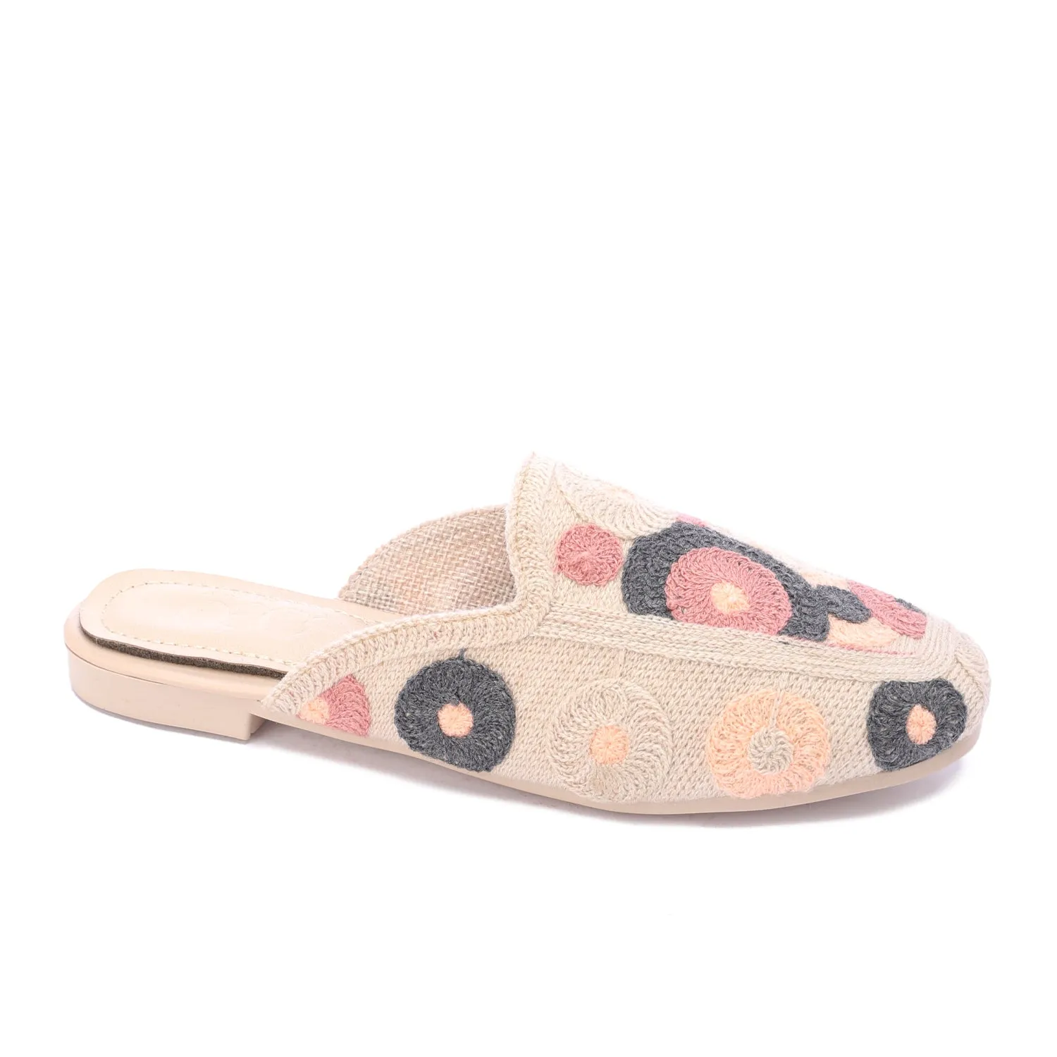 Embroidered Slip-On Mules-Beige