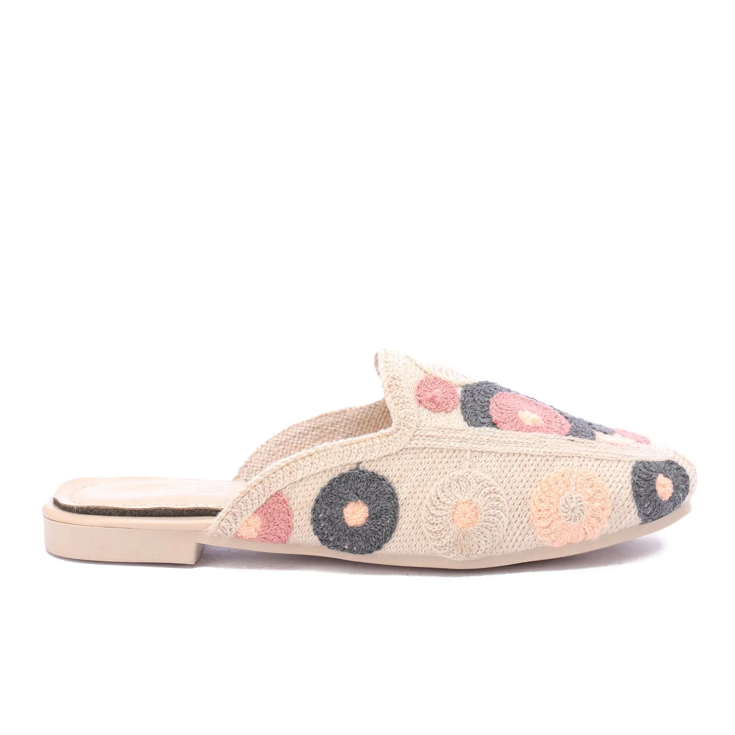 Embroidered Slip-On Mules-Beige