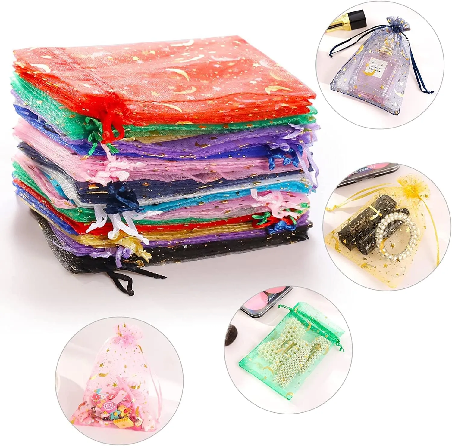 ENNIYU 100 Pieces Moon Star Organza Jewelry Candy Bags, 3x4inch Random Colors Mesh Bags, Organza Favor Gift Pouches with Drawstrings for Weddings, Parties, and Valentine's Day.