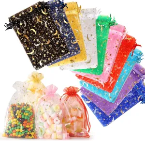 ENNIYU 100 Pieces Moon Star Organza Jewelry Candy Bags, 3x4inch Random Colors Mesh Bags, Organza Favor Gift Pouches with Drawstrings for Weddings, Parties, and Valentine's Day.
