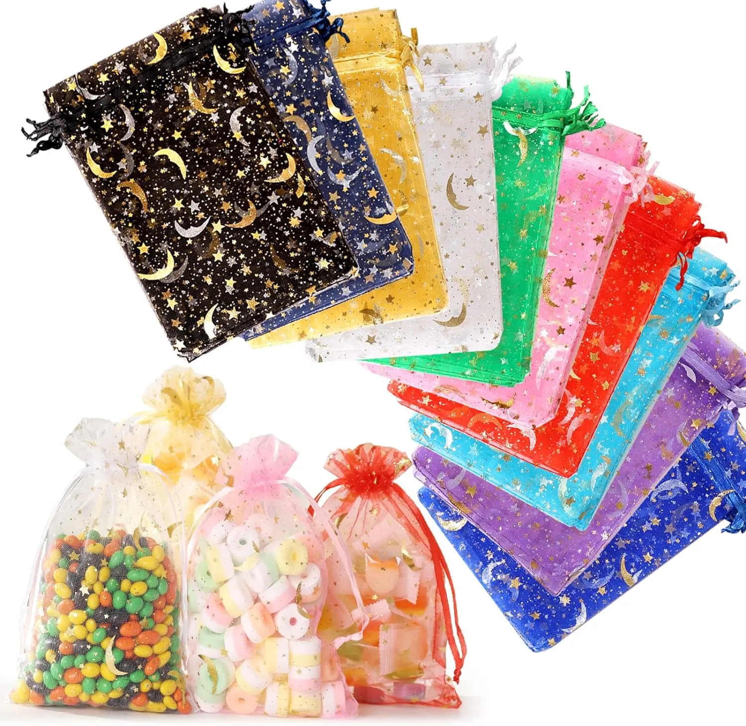ENNIYU 100 Pieces Moon Star Organza Jewelry Candy Bags, 3x4inch Random Colors Mesh Bags, Organza Favor Gift Pouches with Drawstrings for Weddings, Parties, and Valentine's Day.
