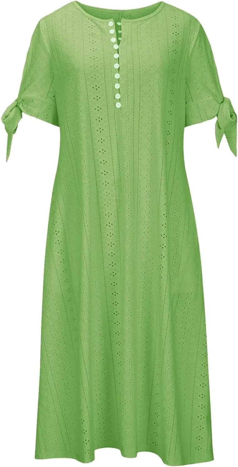 Eyelet Dresses for Women 2025 Short Sleeve V Neck Maxi Dress Casual Summer Beach Vacation Trendy Boho Long Sundress
