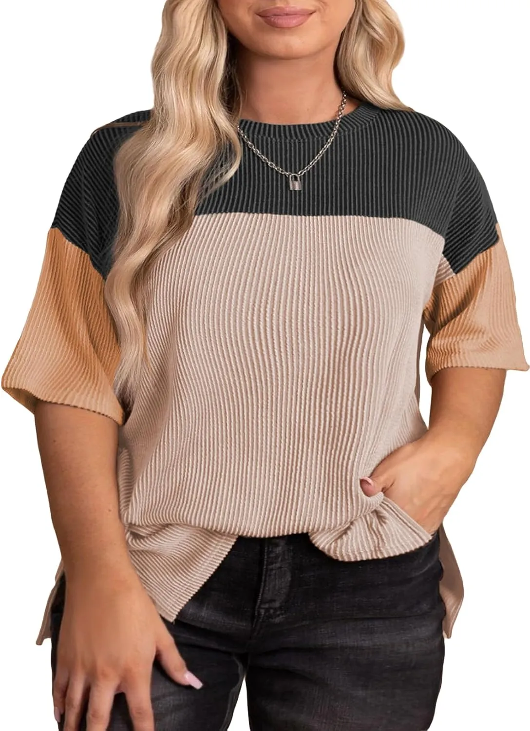 Eytino Womens Plus Size Tunic Tops Crewneck Short Sleeve Color Block Pullover Shirts (1X-5X)