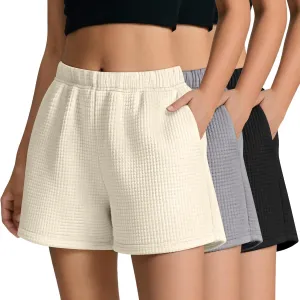 Ficerd 3 Pack Women's Sweat Shorts Waffle Knit Elastic High Waisted Lounge Summer Casual Comfy Outfit with Pockets