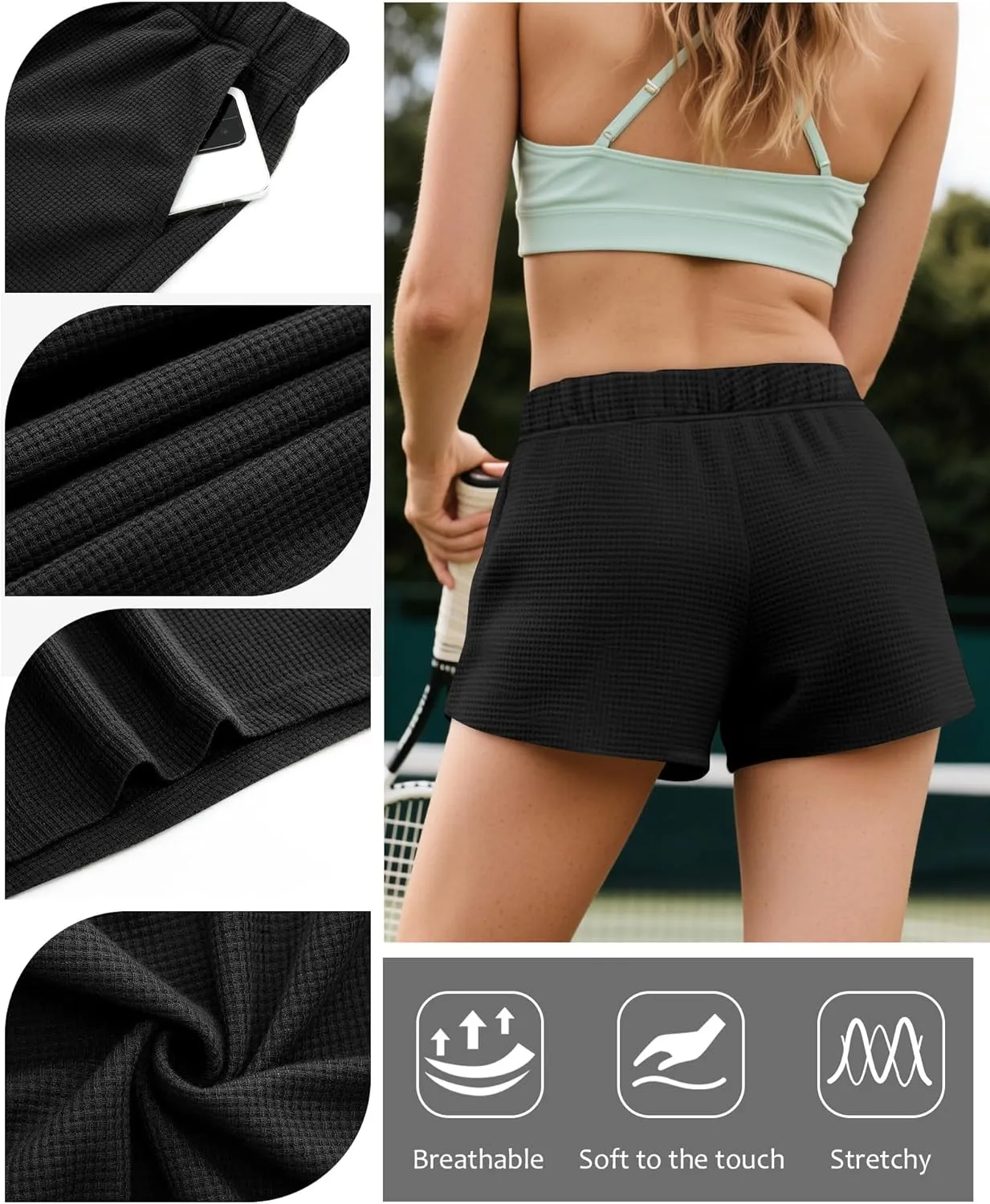 Ficerd 3 Pack Women's Sweat Shorts Waffle Knit Elastic High Waisted Lounge Summer Casual Comfy Outfit with Pockets