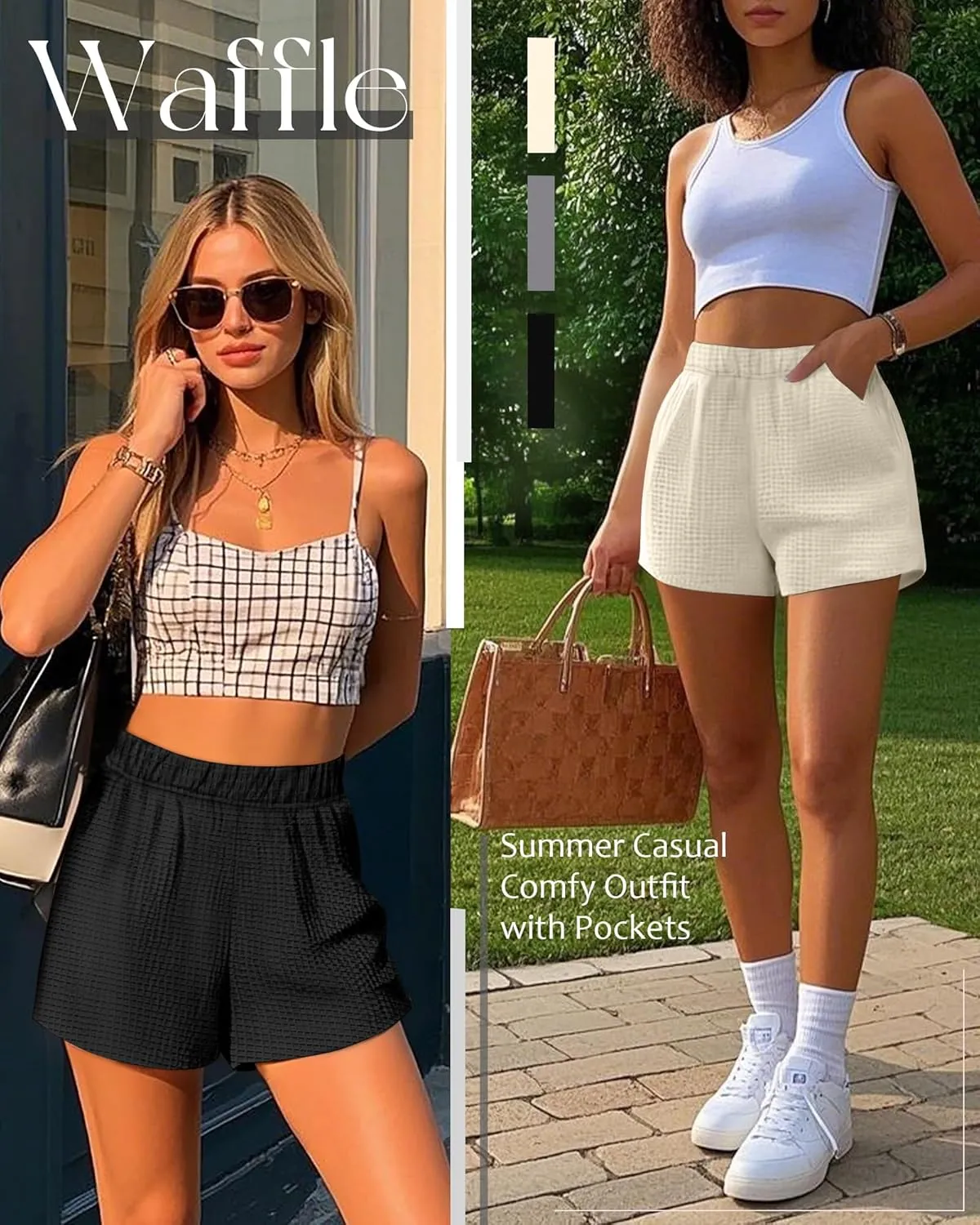 Ficerd 3 Pack Women's Sweat Shorts Waffle Knit Elastic High Waisted Lounge Summer Casual Comfy Outfit with Pockets