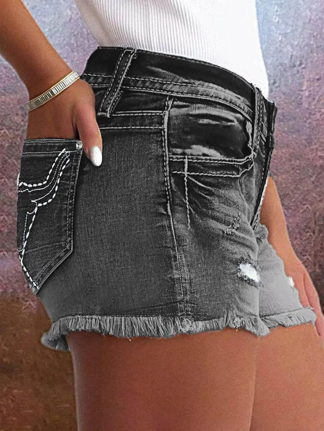 Flamingals Jean Shorts for Women Mid Waisted Stretchy Ripped Denim Shorts Raw Hem Curvy Summer Trendy