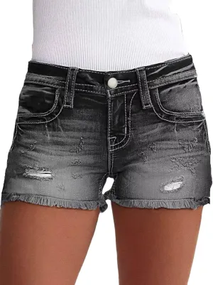 Flamingals Jean Shorts for Women Mid Waisted Stretchy Ripped Denim Shorts Raw Hem Curvy Summer Trendy