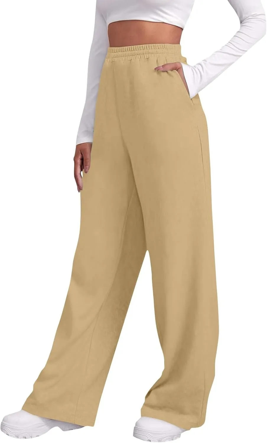 Fleece Straight Leg Sweatpants for Women Elastic High Waisted Joggers Athletic Sweat Pants Lounge Pants with Pockets