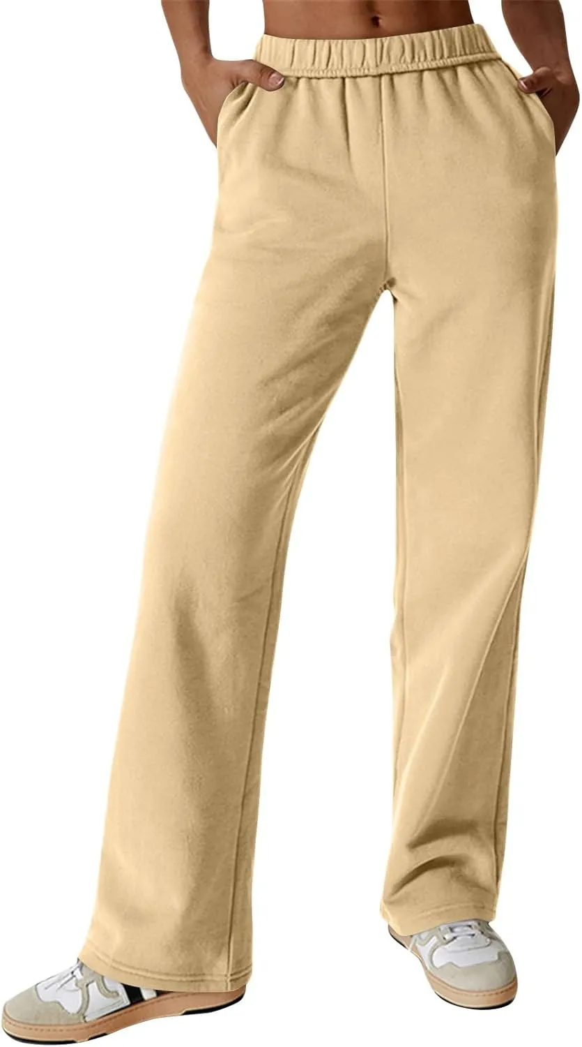 Fleece Straight Leg Sweatpants for Women Elastic High Waisted Joggers Athletic Sweat Pants Lounge Pants with Pockets