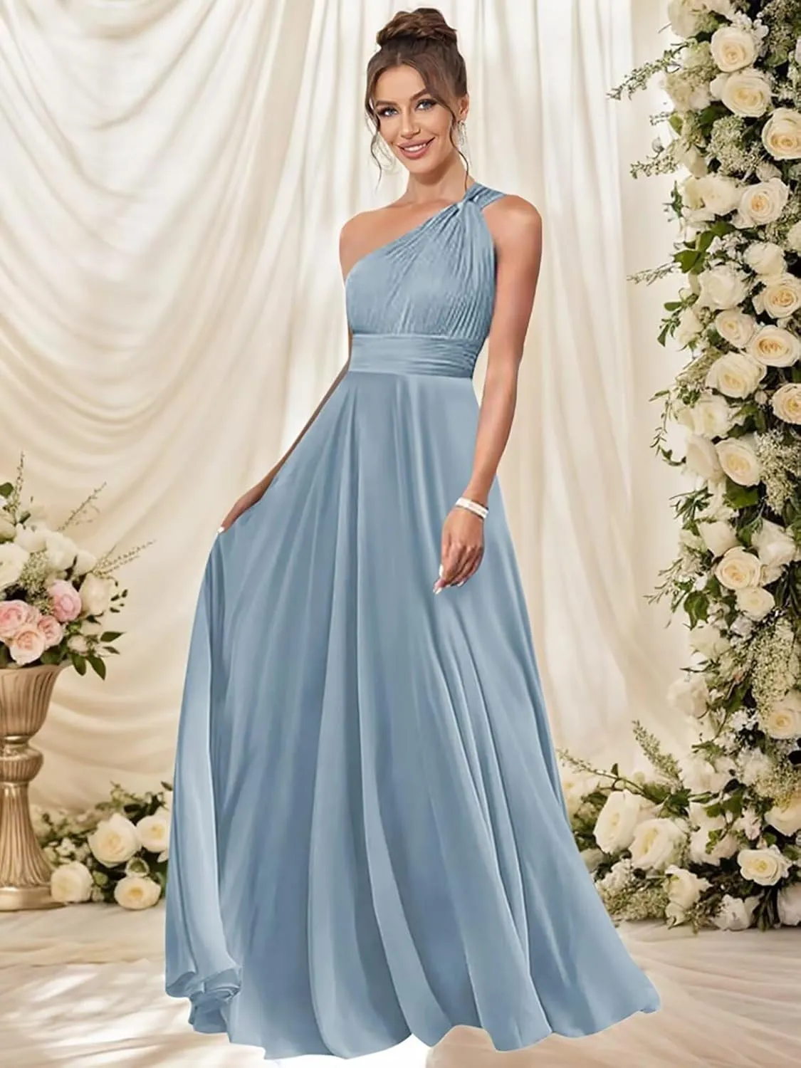Floral Bridesmaid Dresses for Women 2025 One Shoulder A Line Pleated Chiffon Maid of Honor Dress