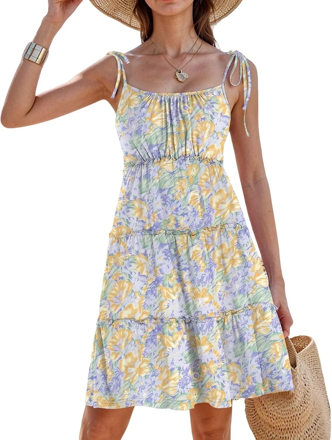 Floral Sun Dresses for Women 2025 Vacation Summer Open Back Skater Dress Flowy Tiered Ruffle Babydoll Mini Sundress