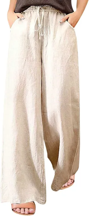 FRMUIC Women Cotton Linen Pants Summer High Waist Wide Leg Pants Drawstring Loose Trousers Casual Lounge Pants with Pocket