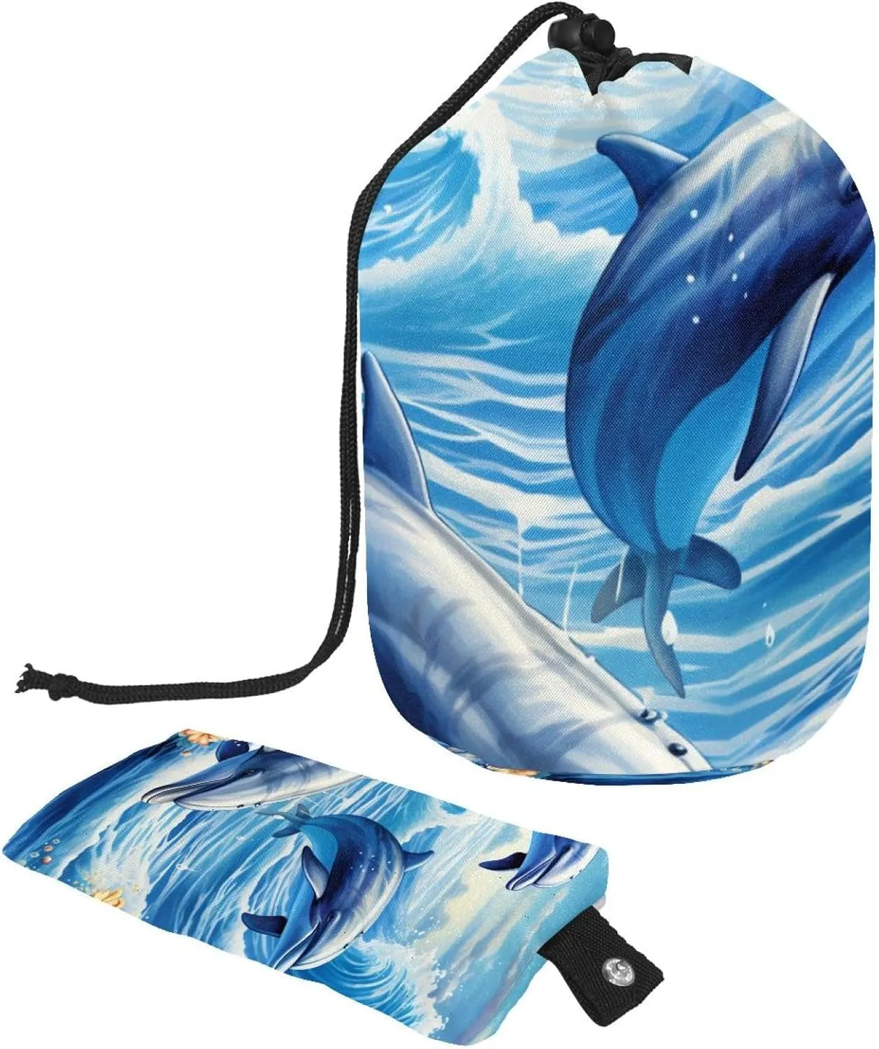 Fun Blue Sea Whale Pattern Travel Cosmetic Bags Makeup Bag for Women, Foldable Drawstring Travel Cosmetic Bags, Portable Toiletry Bucket Bag