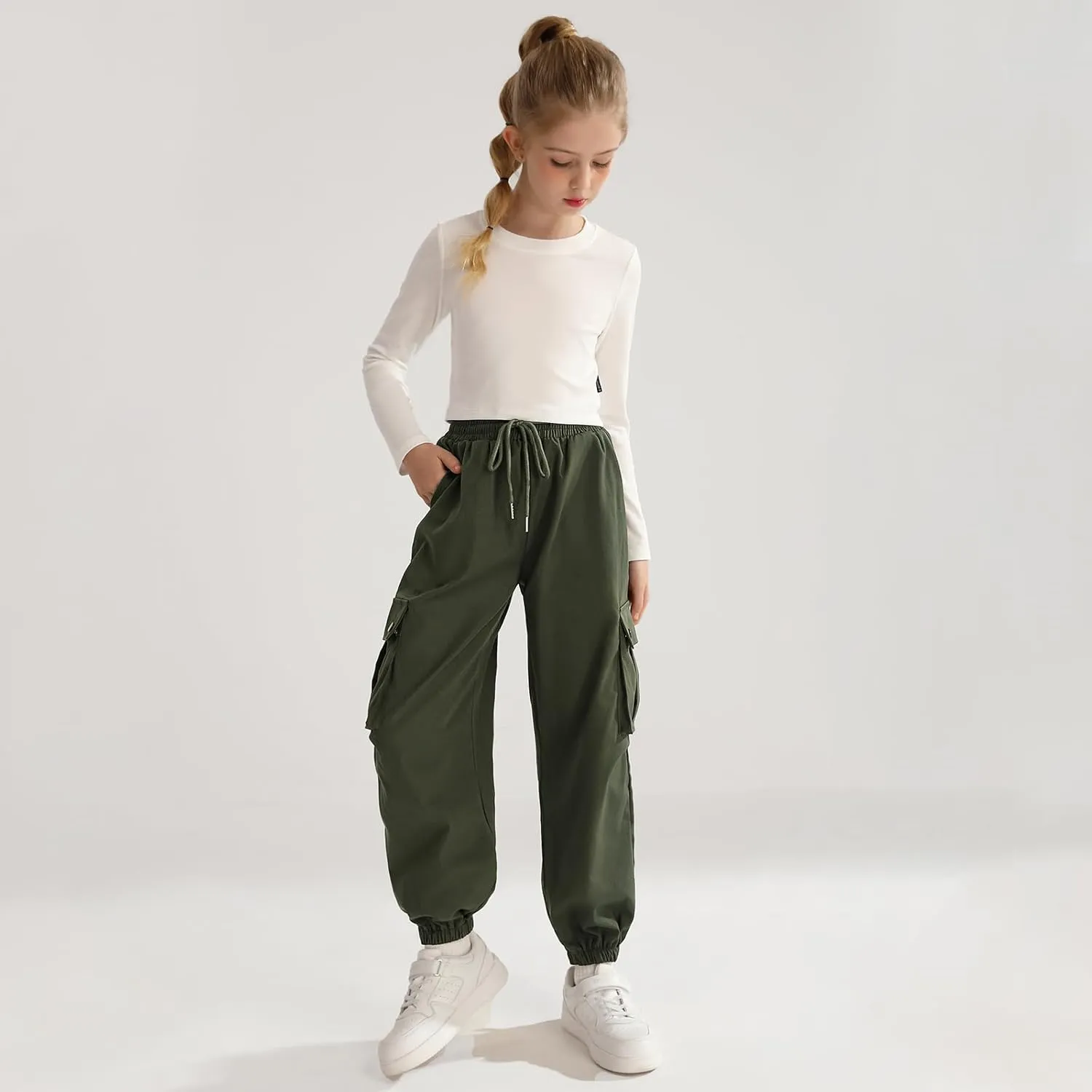 Girls Cargo Jogger Pants Parachute Pants with Elastic Waist and Pockets Cargo Trousers for Teens Girls 7-14 Years