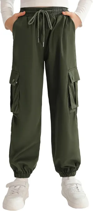 Girls Cargo Jogger Pants Parachute Pants with Elastic Waist and Pockets Cargo Trousers for Teens Girls 7-14 Years