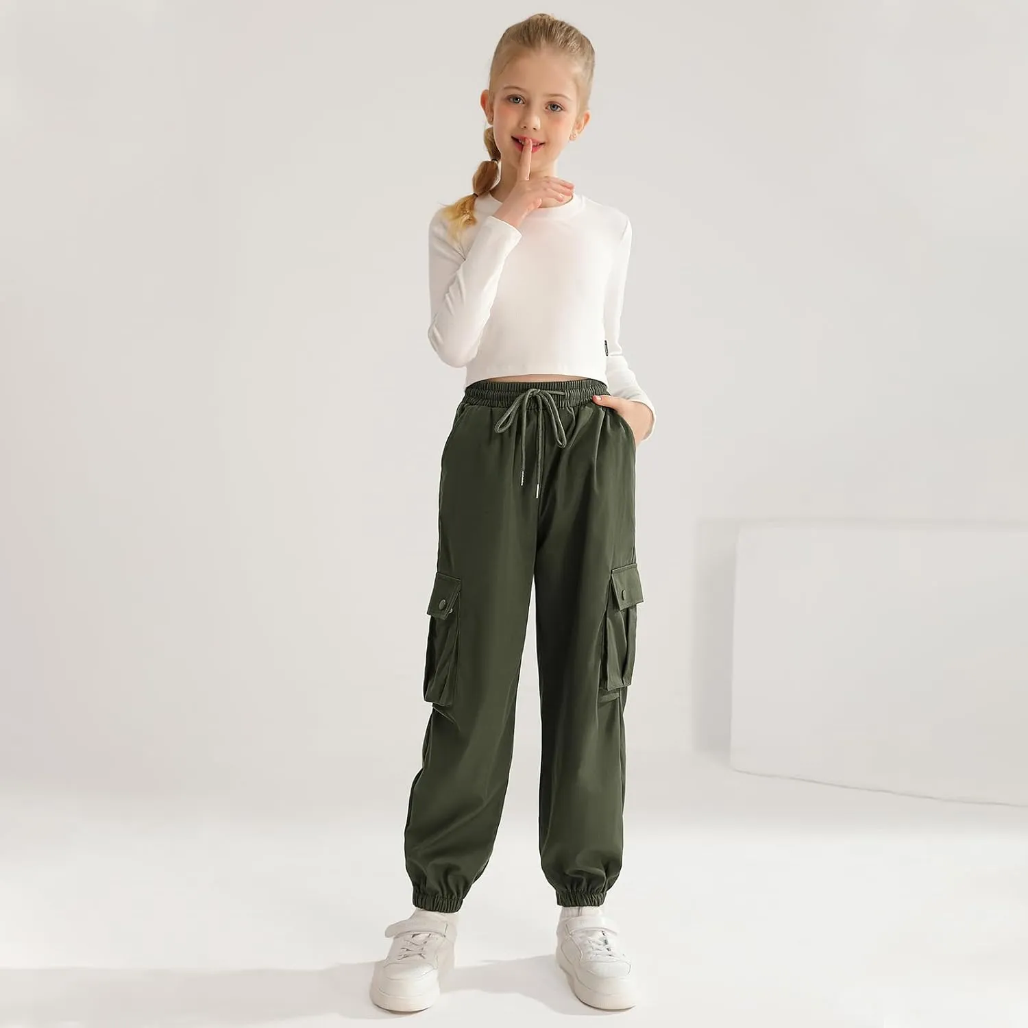 Girls Cargo Jogger Pants Parachute Pants with Elastic Waist and Pockets Cargo Trousers for Teens Girls 7-14 Years