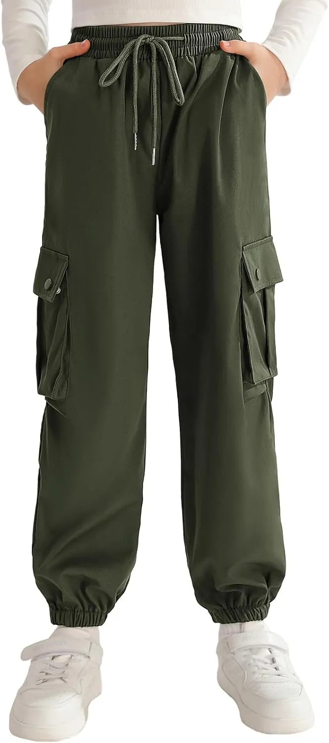 Girls Cargo Jogger Pants Parachute Pants with Elastic Waist and Pockets Cargo Trousers for Teens Girls 7-14 Years