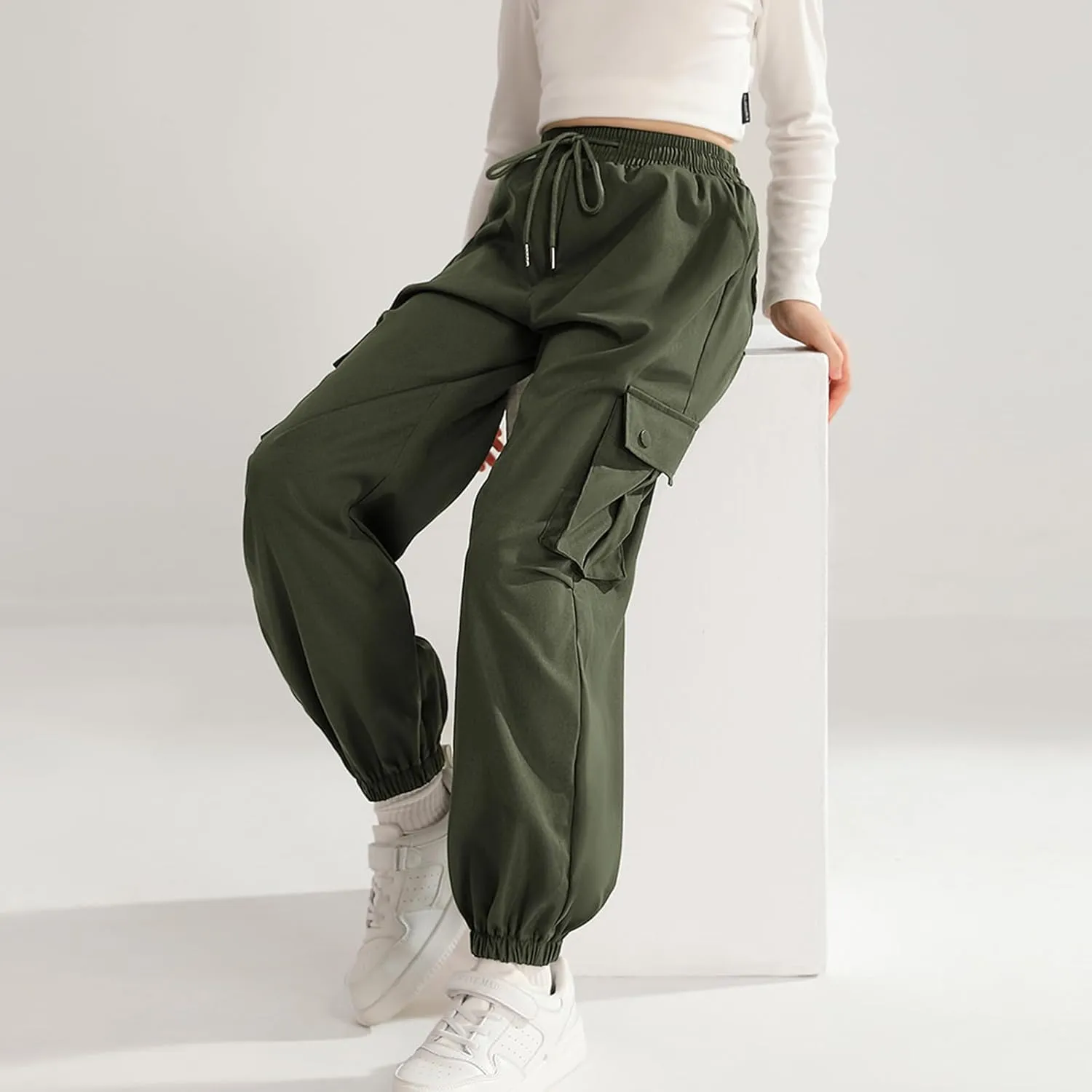 Girls Cargo Jogger Pants Parachute Pants with Elastic Waist and Pockets Cargo Trousers for Teens Girls 7-14 Years