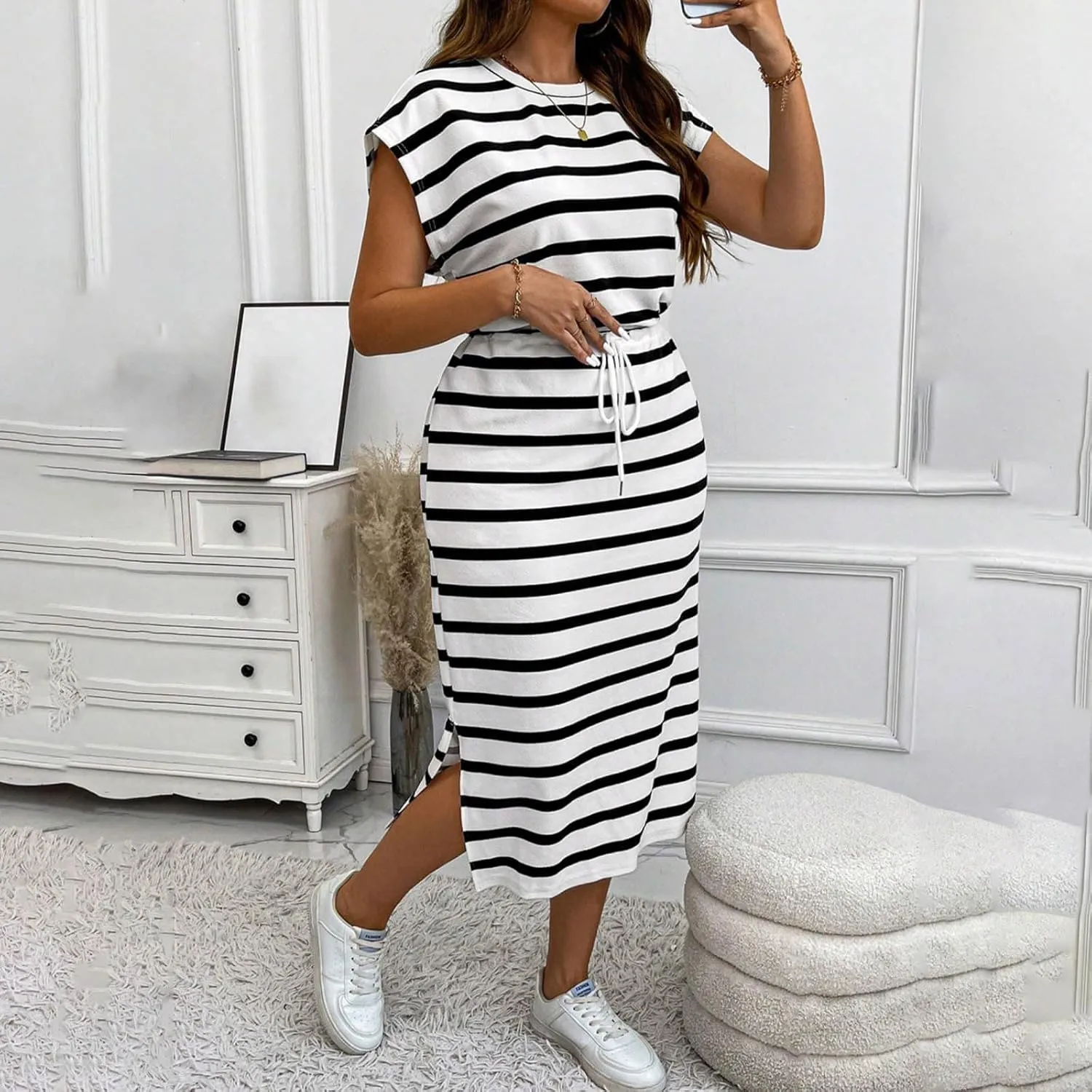 Going Out Dresses for Women 2025 Summer Casual Short Sleeve Midi Dress Plus Size Drawstring Waist Stripes Beach Dress