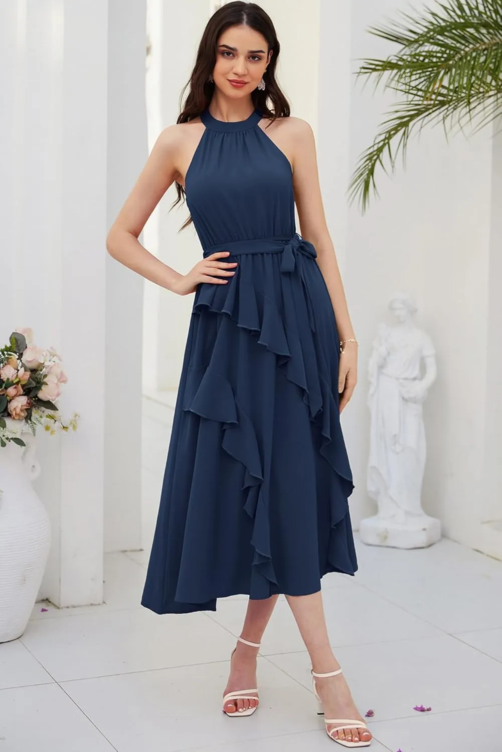 GRACE KARIN Women's 2024 Summer Sleeveless Halter Neck Ruffle Hem Split Flowy Swing Long Midi Dress with Belt