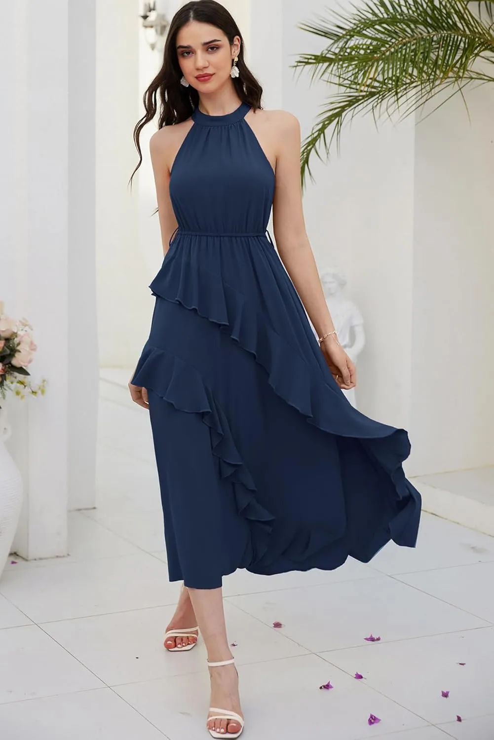GRACE KARIN Women's 2024 Summer Sleeveless Halter Neck Ruffle Hem Split Flowy Swing Long Midi Dress with Belt