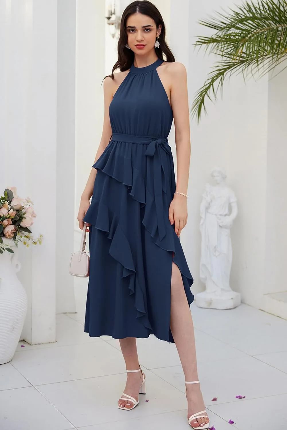 GRACE KARIN Women's 2024 Summer Sleeveless Halter Neck Ruffle Hem Split Flowy Swing Long Midi Dress with Belt