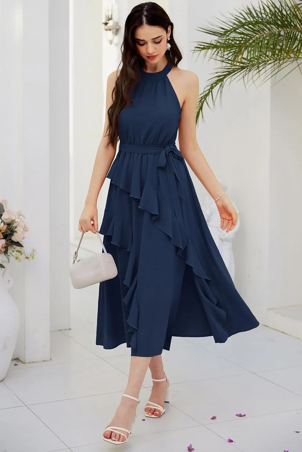 GRACE KARIN Women's 2024 Summer Sleeveless Halter Neck Ruffle Hem Split Flowy Swing Long Midi Dress with Belt