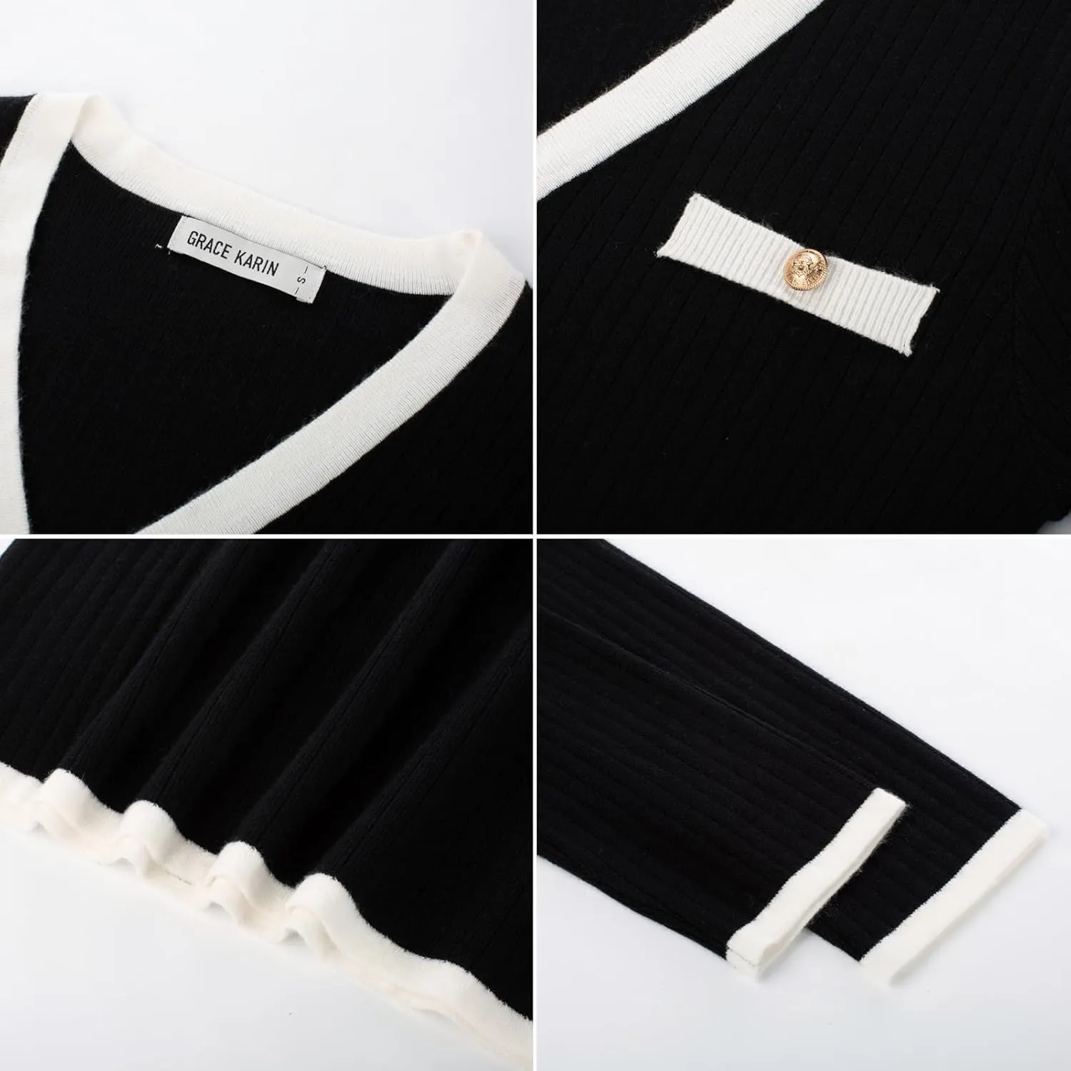 GRACE KARIN Women's Ribbed Knit Bodycon Sweater Dress Button Long Sleeve V Neck Elegant Midi Pullover Dresses