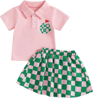 Gueuusu Toddler Girl Golf Outfit Short Sleeve Collared T Shirt Top Elastic Waist Mini Skirt 2Pcs Summer Clothes