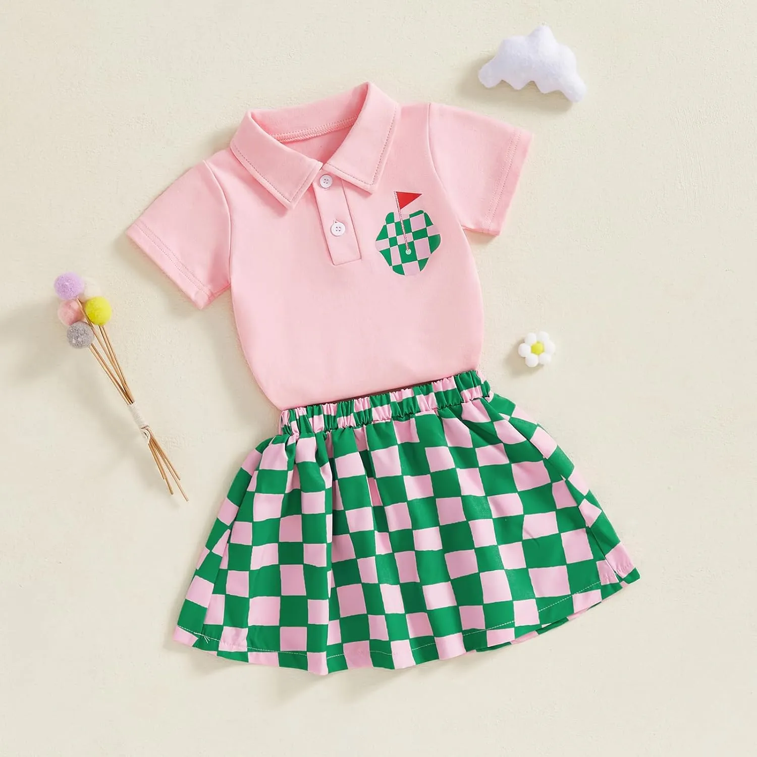 Gueuusu Toddler Girl Golf Outfit Short Sleeve Collared T Shirt Top Elastic Waist Mini Skirt 2Pcs Summer Clothes