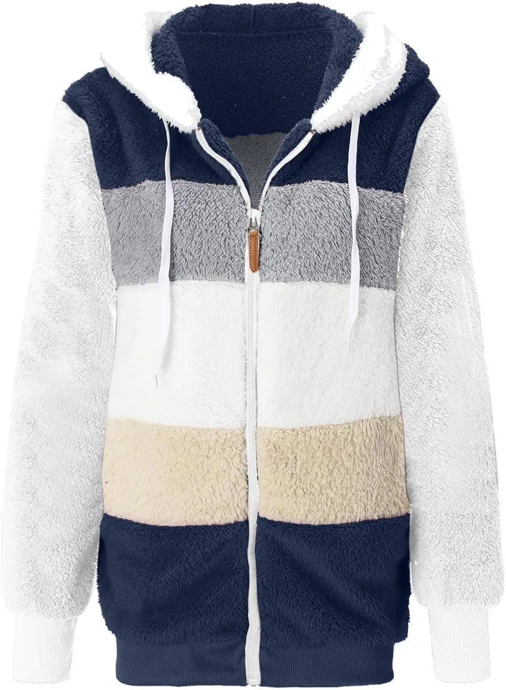 Gumipy Fleece Jacket Women Plus Size Hooded Sherpa Jacket Coat Fuzzy Color Block Patchwork Zip Up Jackets Hoodie with Pockets
