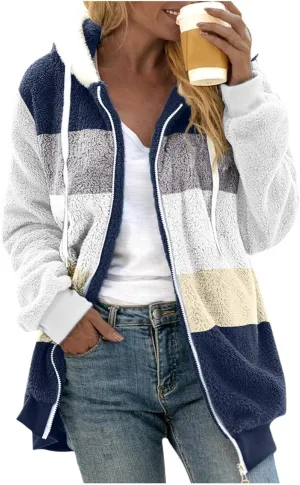 Gumipy Fleece Jacket Women Plus Size Hooded Sherpa Jacket Coat Fuzzy Color Block Patchwork Zip Up Jackets Hoodie with Pockets
