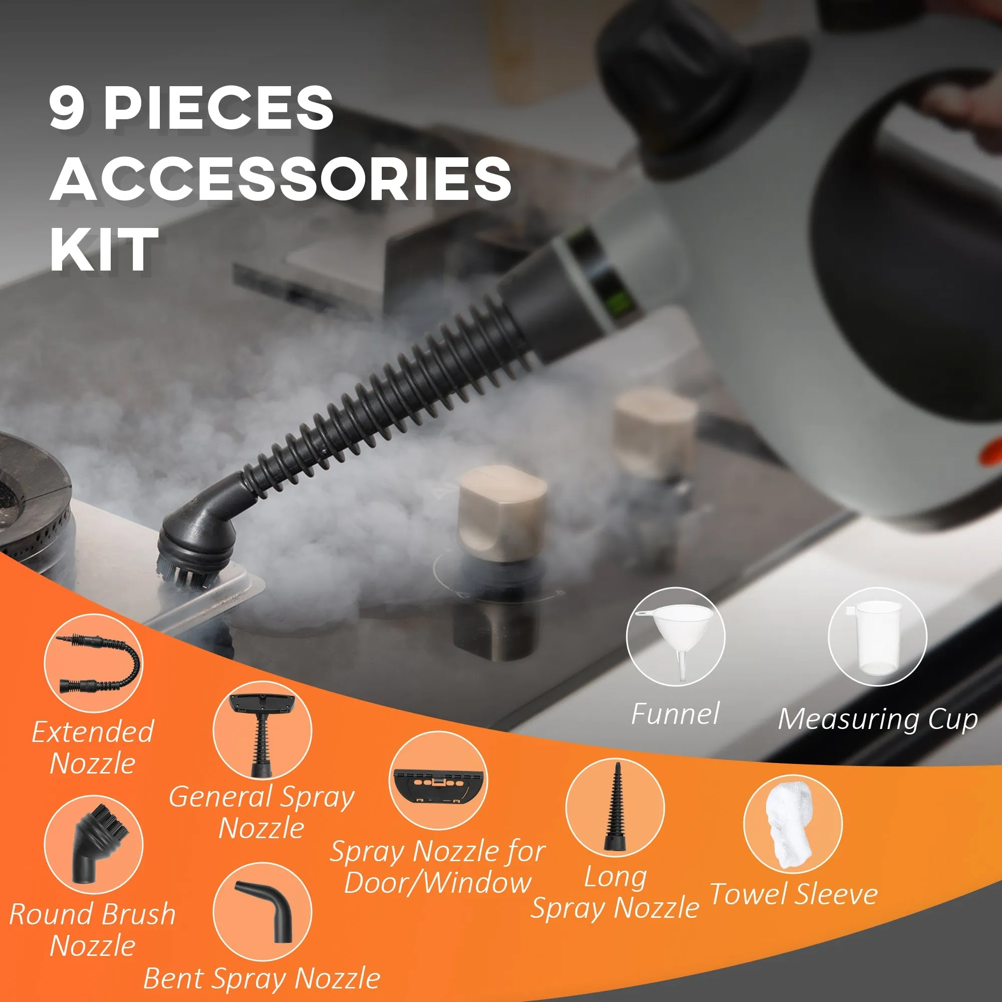 Handheld Steam Cleaner for Chemical Free Cleaning Portable Multi-purpose SteamerWith 9-Piece Accessory for Kitchen Bathroom Window