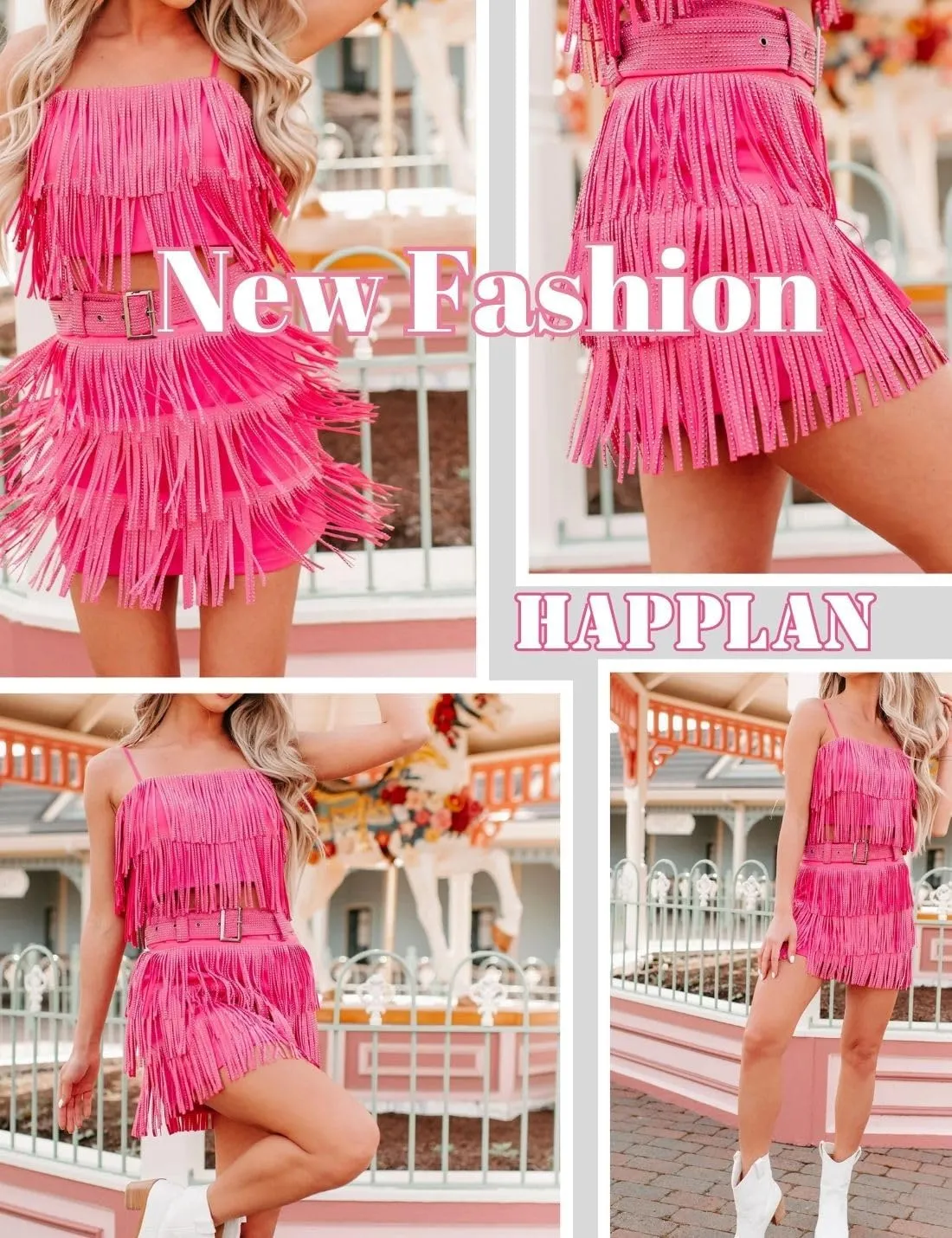 happlan Women's Rhinestone Fringe Mini Skirt with Belt